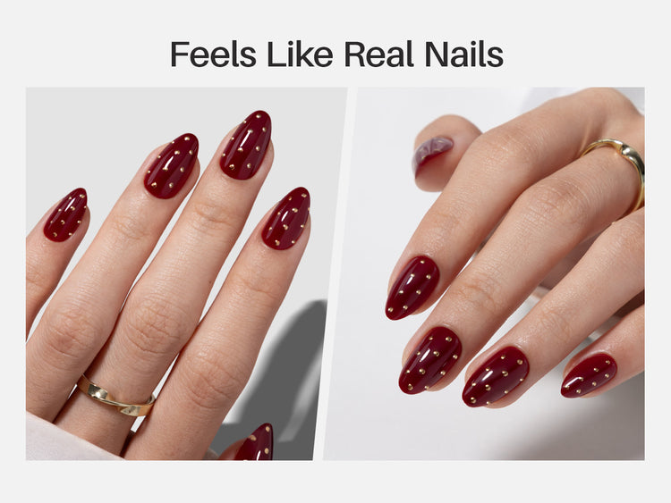 Cherry Dark Red and Gold Polka Dots Press on Nails detail image 4