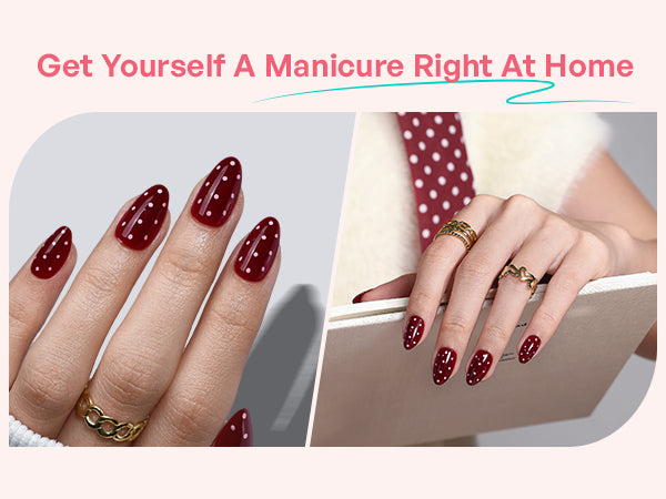 Dark Red Polka Dots Almond Gel Nails detail image 3