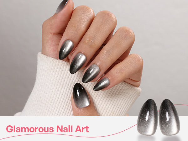 Onyx Silver Black Cat Eye — Short Almond detail image 3