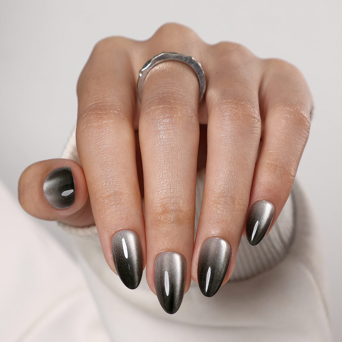 Onyx Silver Black Cat Eye Short Almond main hand view | SHANGMENG