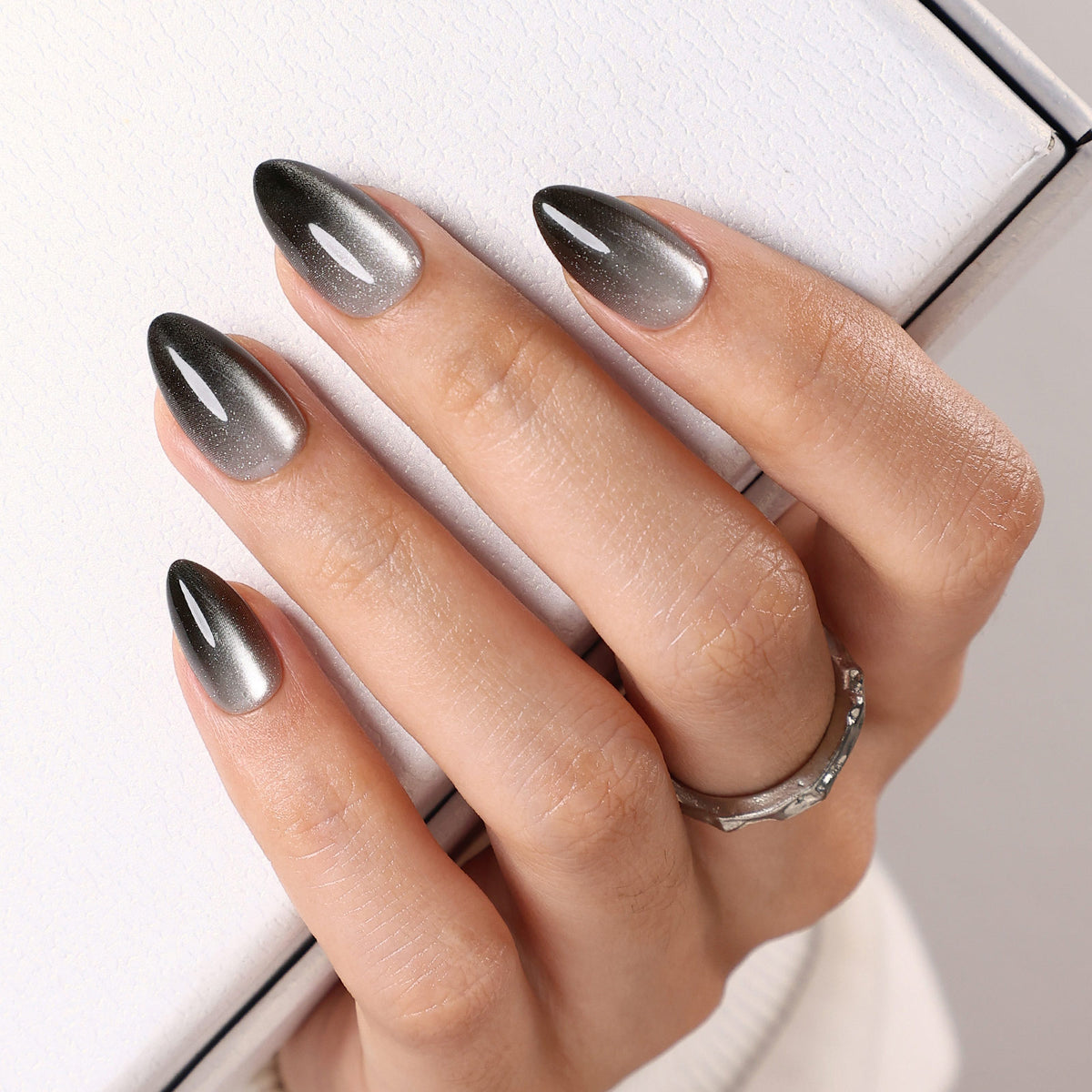 Onyx Silver Black Cat Eye Short Almond angled hand view | SHANGMENG