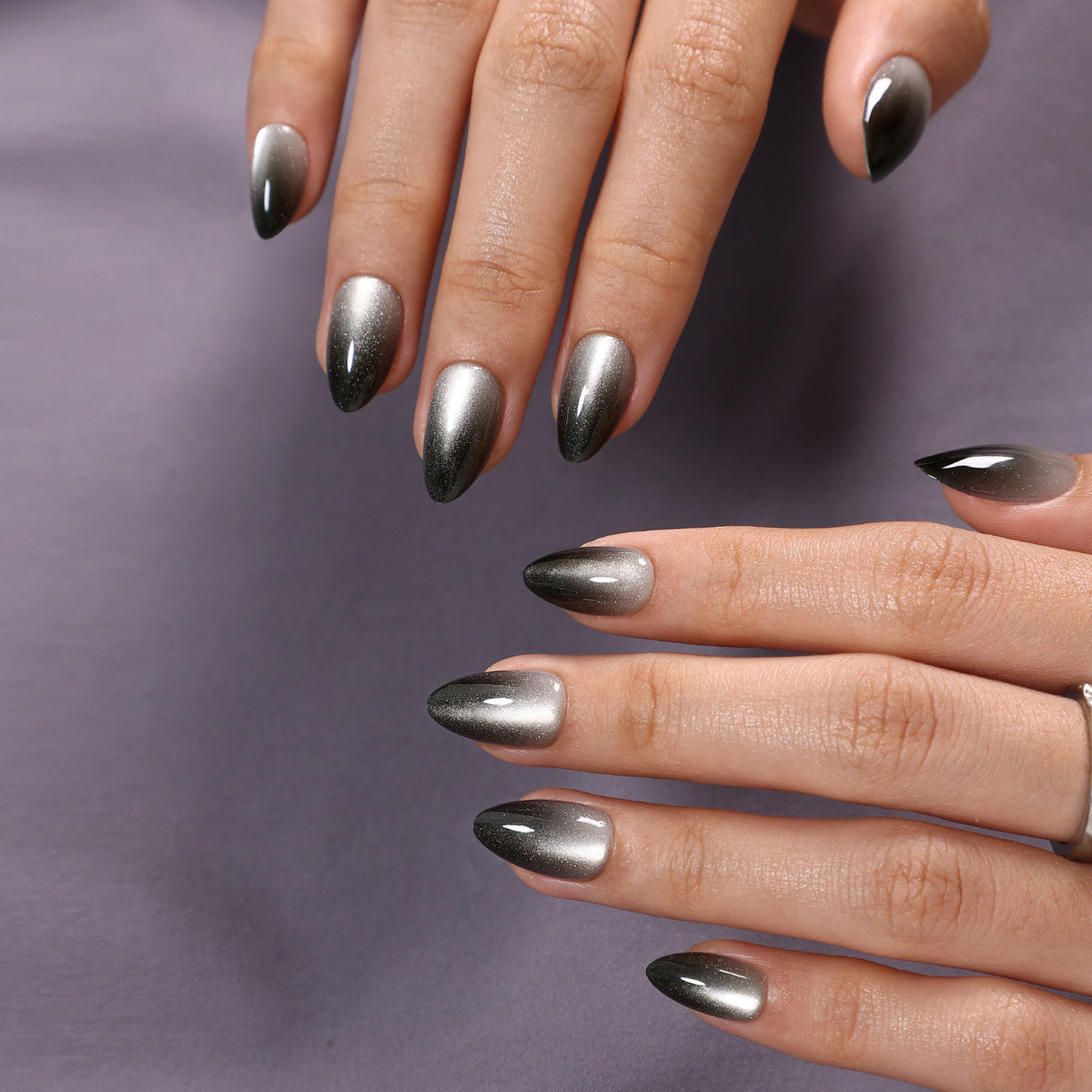 Onyx Silver Black Cat Eye Short Almond two hand view | SHANGMENG