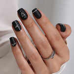 Op Art Mini Matte Black Short Square Press-On Nails angled hand view | SHANGMENG®