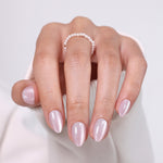 Pearl Blush Cat Eye — Extra Short Almond angled hand close-up of the cat eye shimmer | SHANGMENG®