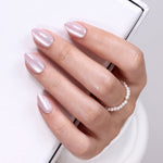 Pearl Blush Cat Eye — Extra Short Almond finish close-up on hand | SHANGMENG®