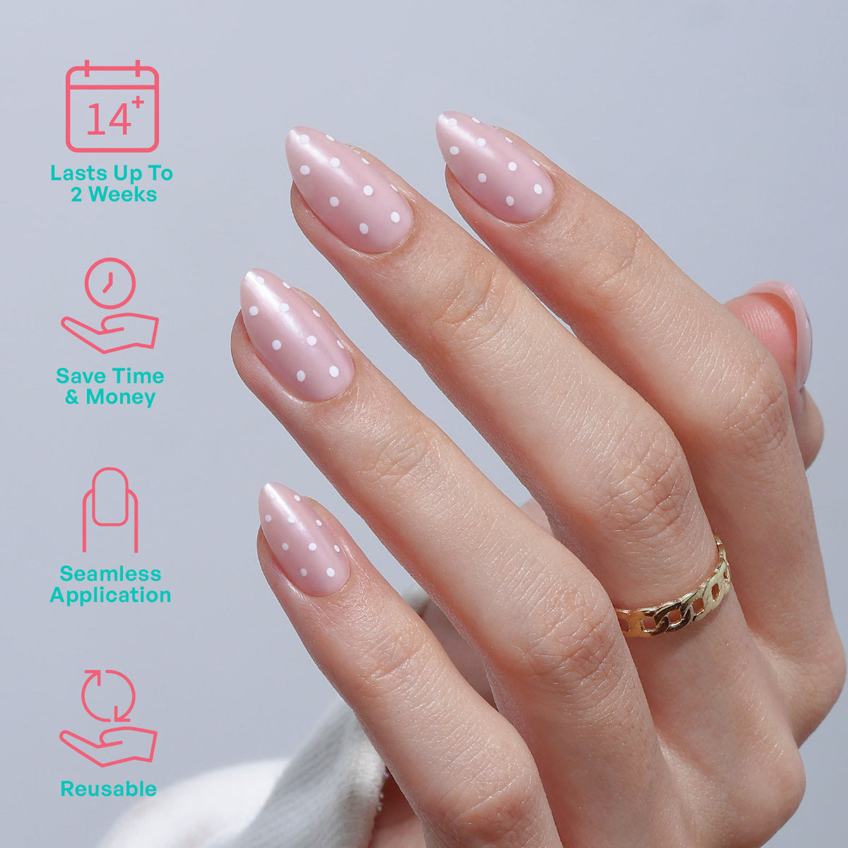 Pearly Pink Polka Dots Press On Nails close up detail | SHANGMENG®