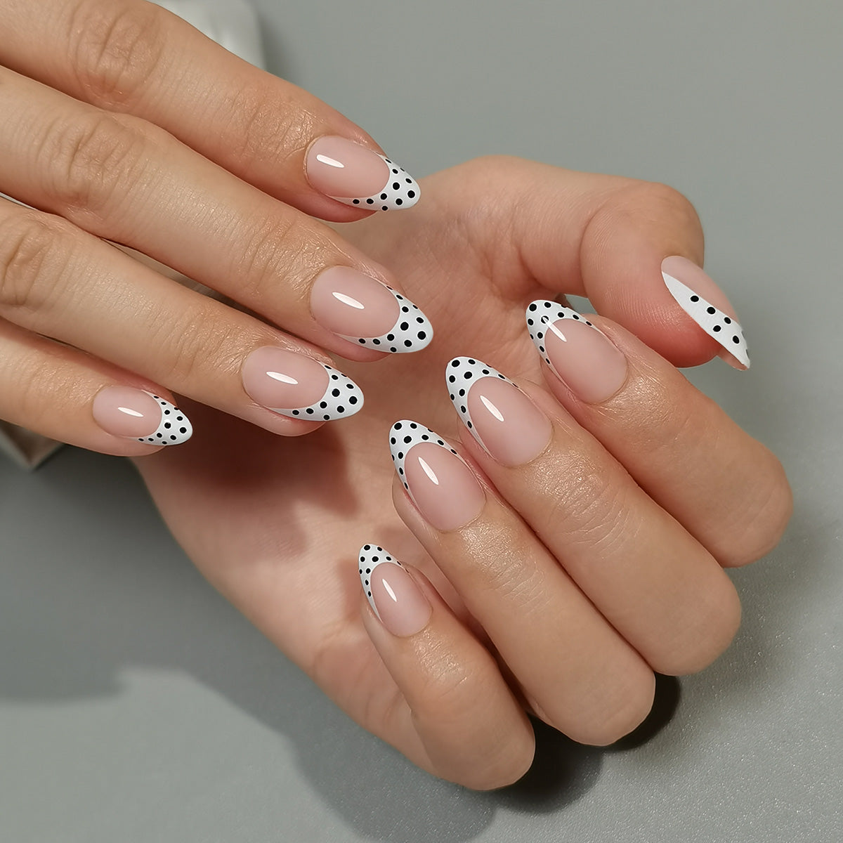 Polka Dot White French Tips Almond Nails