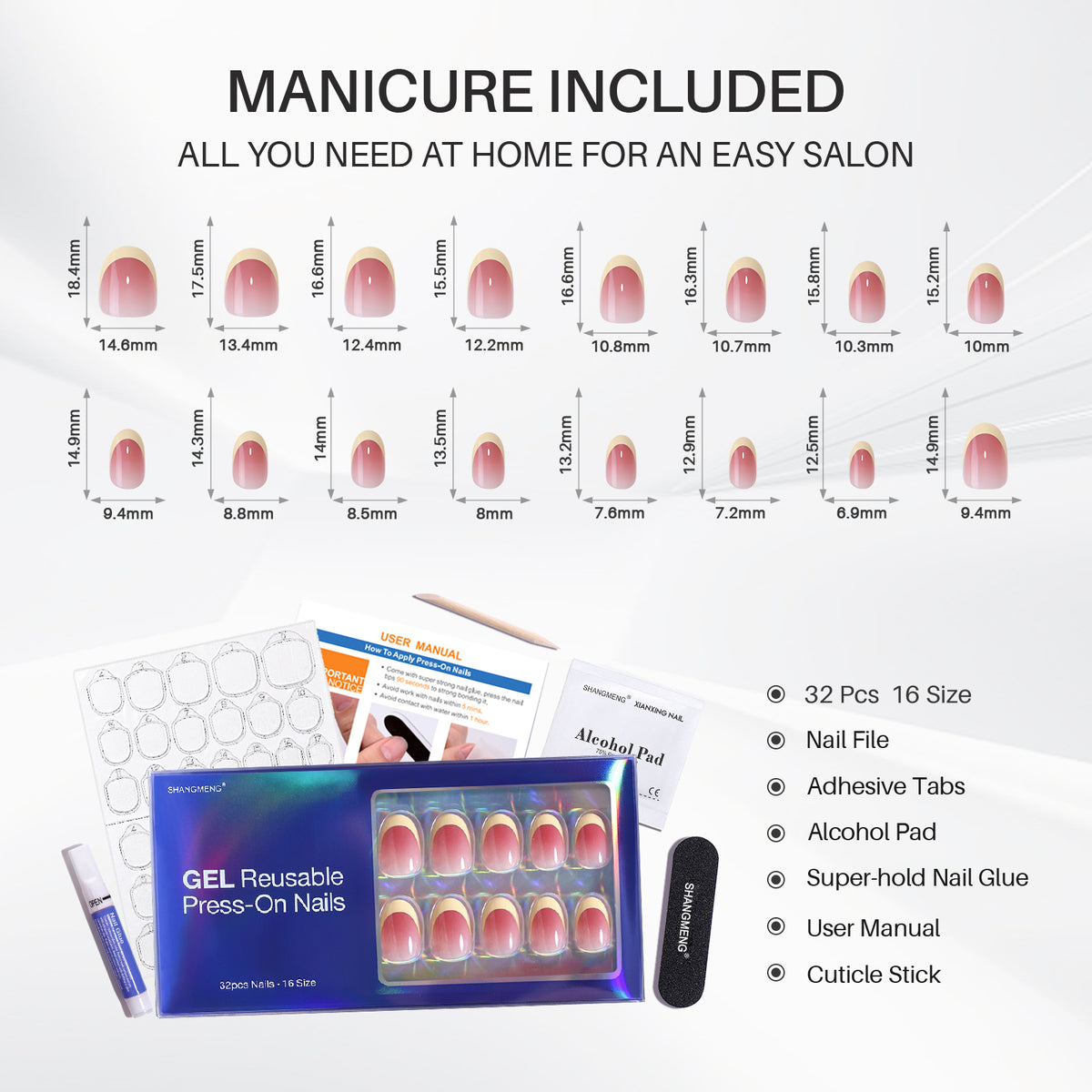 Uñas postizas de gel cortas y ovaladas con punta francesa ombré rosa, 16 tallas, tabla de medidas en mm | SHANGMENG®