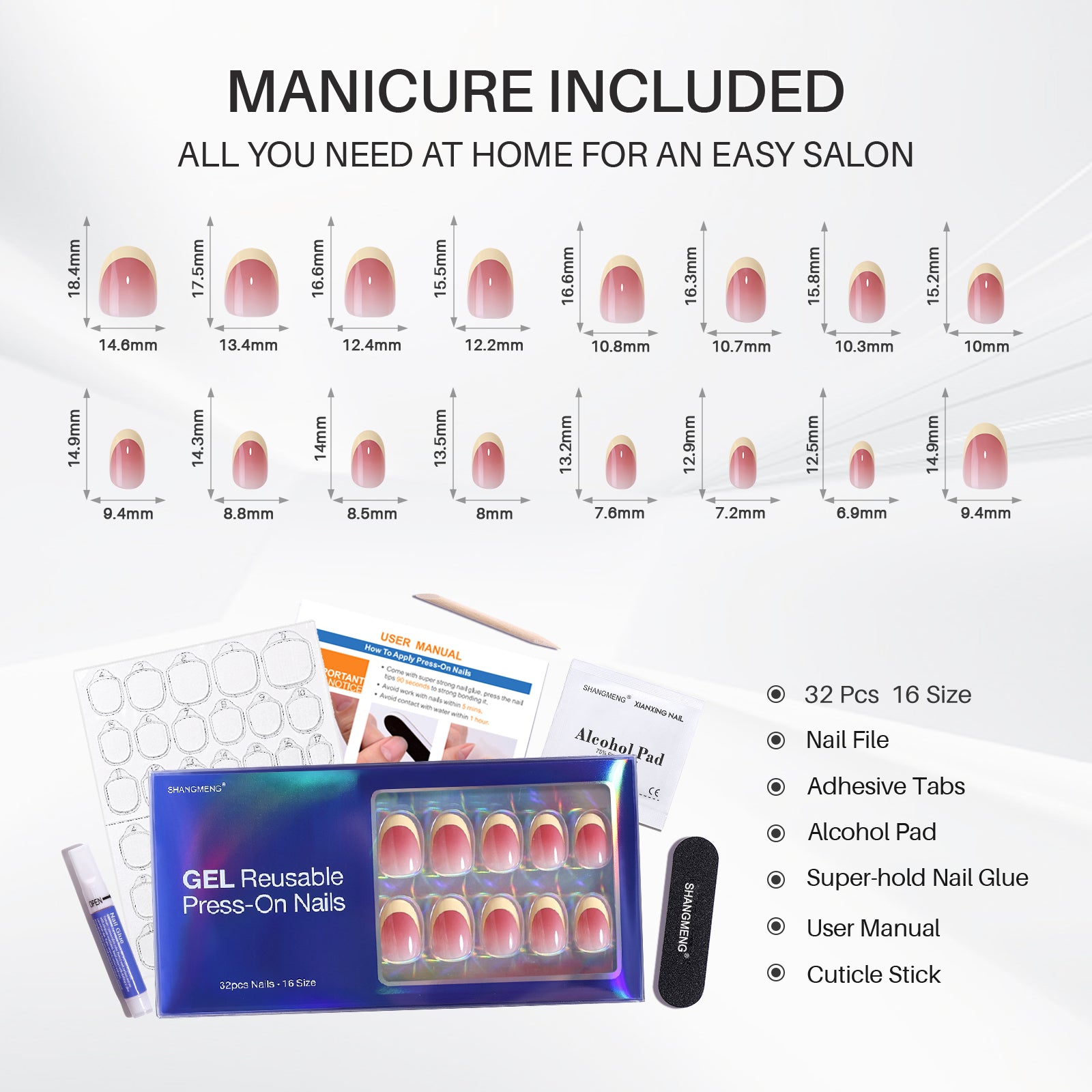 Uñas postizas de gel cortas y ovaladas con punta francesa ombré rosa, 16 tallas, tabla de medidas en mm | SHANGMENG®