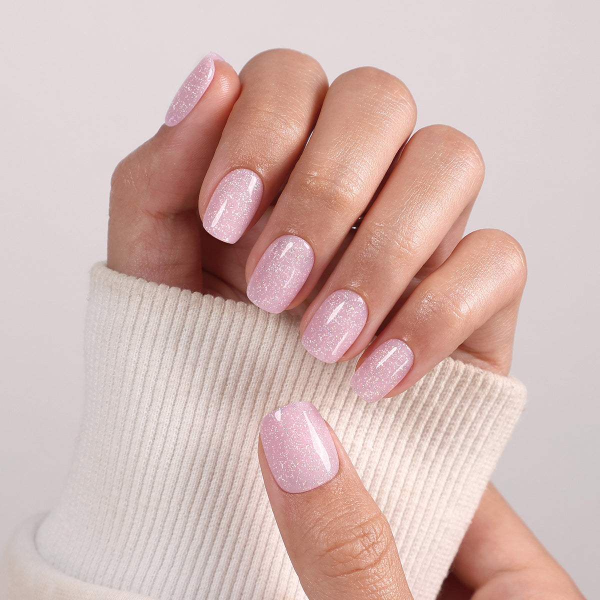 Pink Stardust Glitter — Short Square hand view with white sleeve | SHANGMENG®