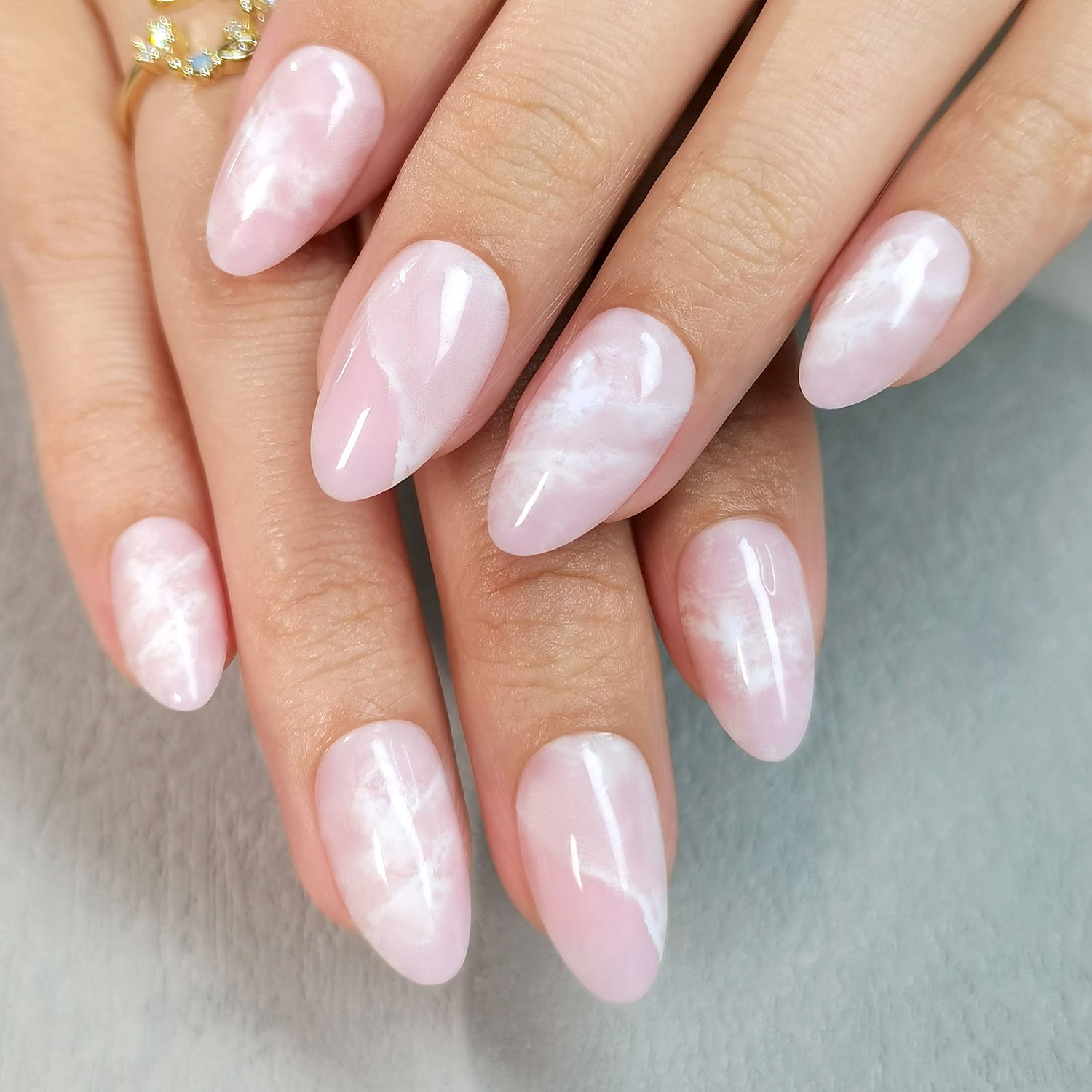 Pink And White Marble Short Almond Nails