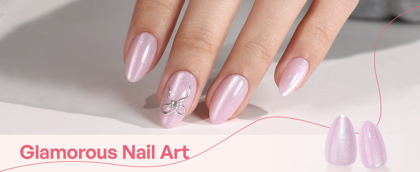 Pink Cat Eye Almond Nails With 3d Silver Bow detail image 1