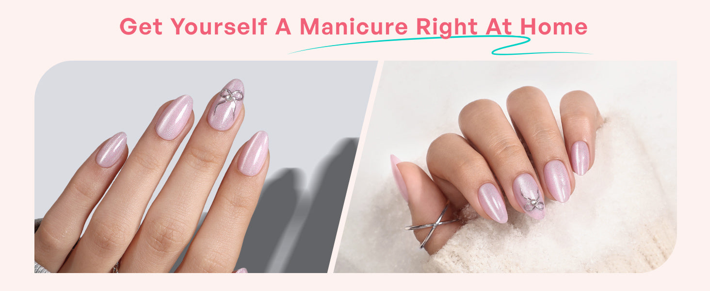 Pink Cat Eye Almond Nails With 3d Silver Bow detail image 3