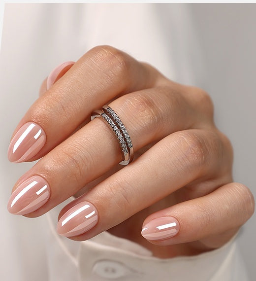 Pinkie Smile Pink Chrome Extra Short Almond on-hand product view 1 | SHANGMENG®