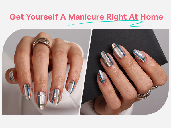 Plaid Shimmer Salon Style Reusable Soft Gel Short Almond Press on Nails detail image 1