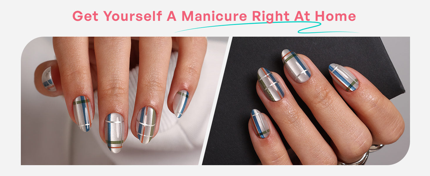 Plaid Shimmer Salon Style Reusable Soft Gel Short Almond Press on Nails detail image 2