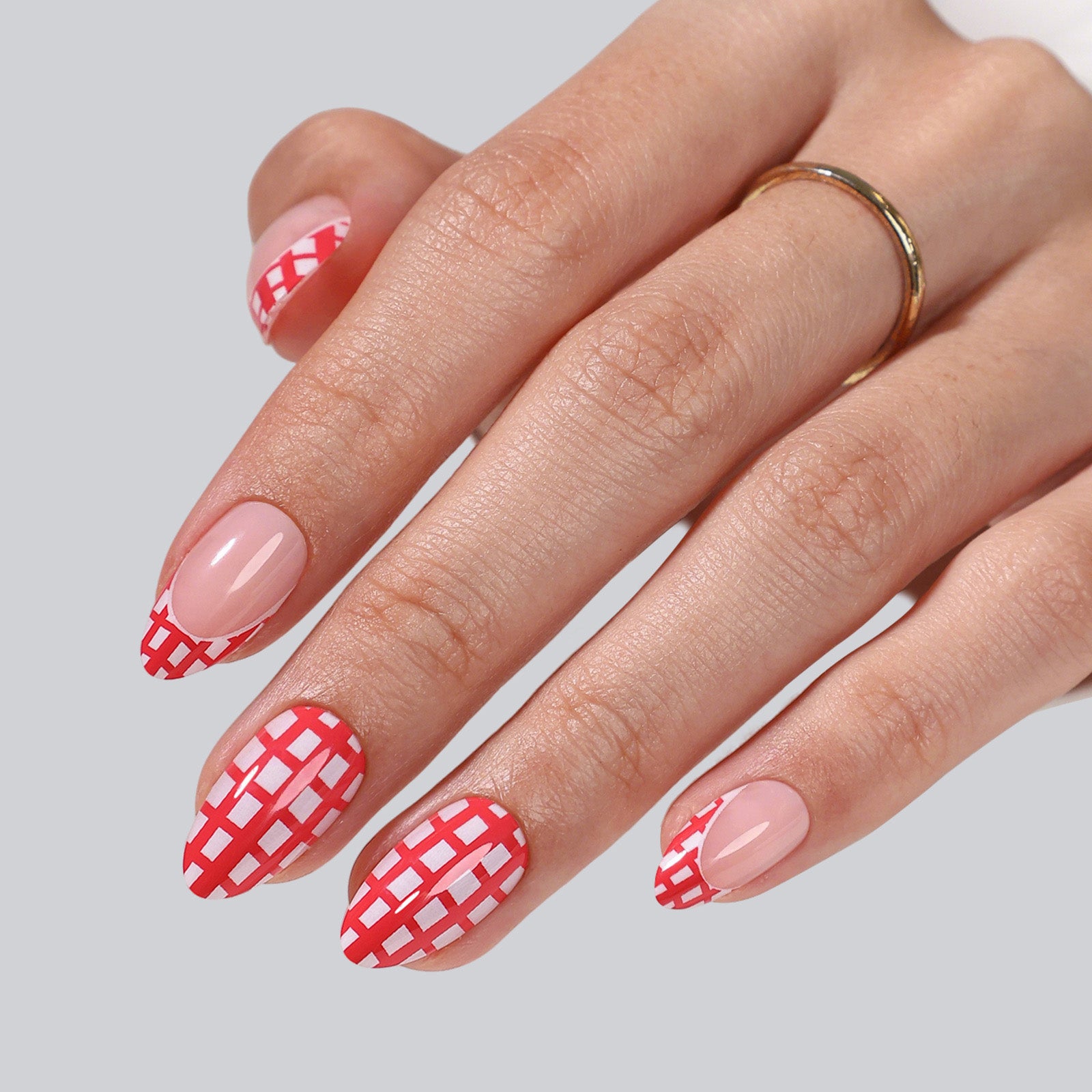 French Tip Plaid Red Short Almond Soft Gel Press on Nails product image 3 | SHANGMENG®
