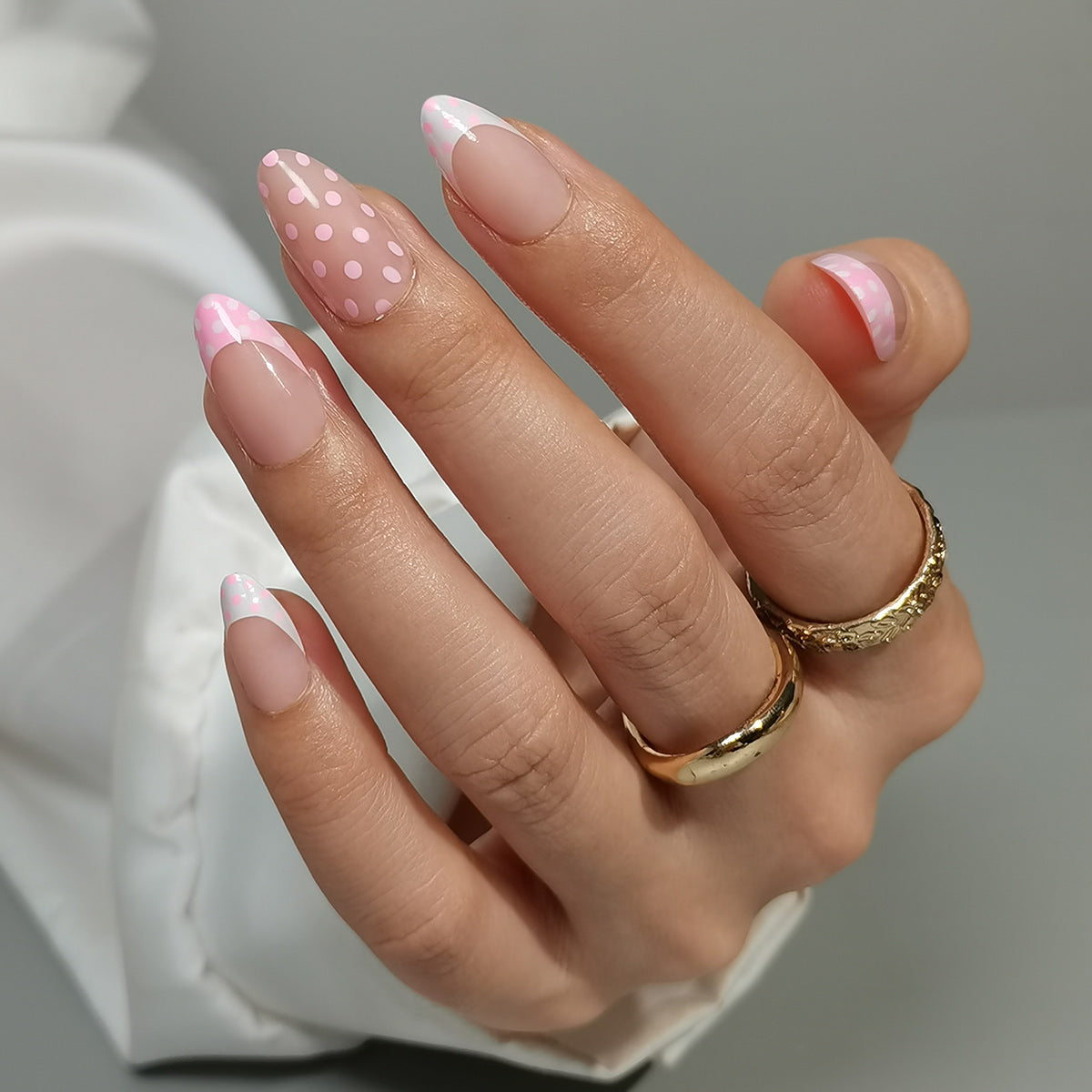 Dot Pink French Tips Almond Nails