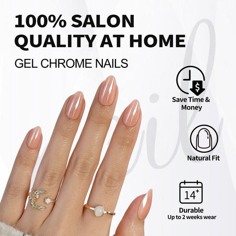 Ongles en amande nude Aurora chromé glacé