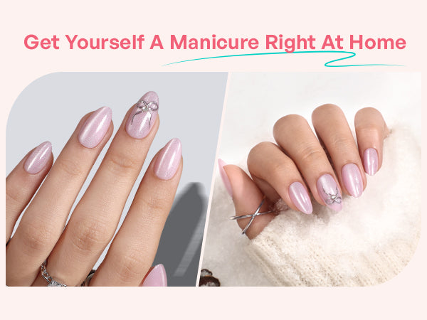 Pink Cat Eye Almond Nails With 3d Silver Bow detail image 3