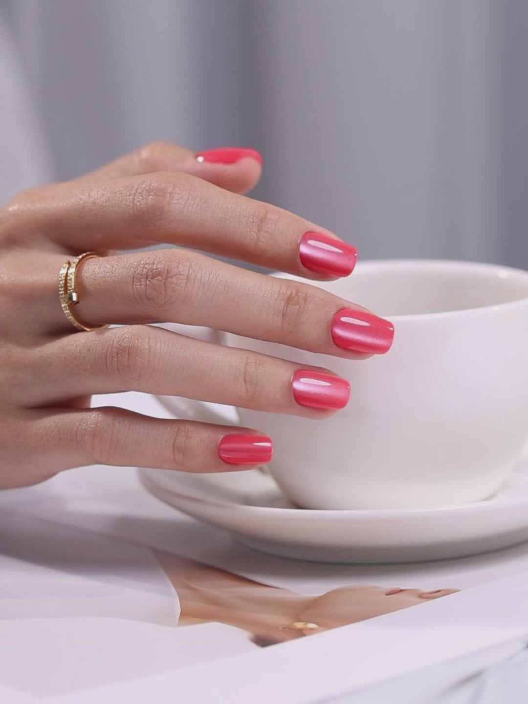 Cat Eye Light Red Press on Nails UV cure 6-layer soft gel process | SHANGMENG®