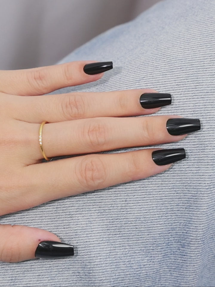 Classic Black Medium Coffin Press on Nails UV cure 6-layer soft gel process | SHANGMENG®