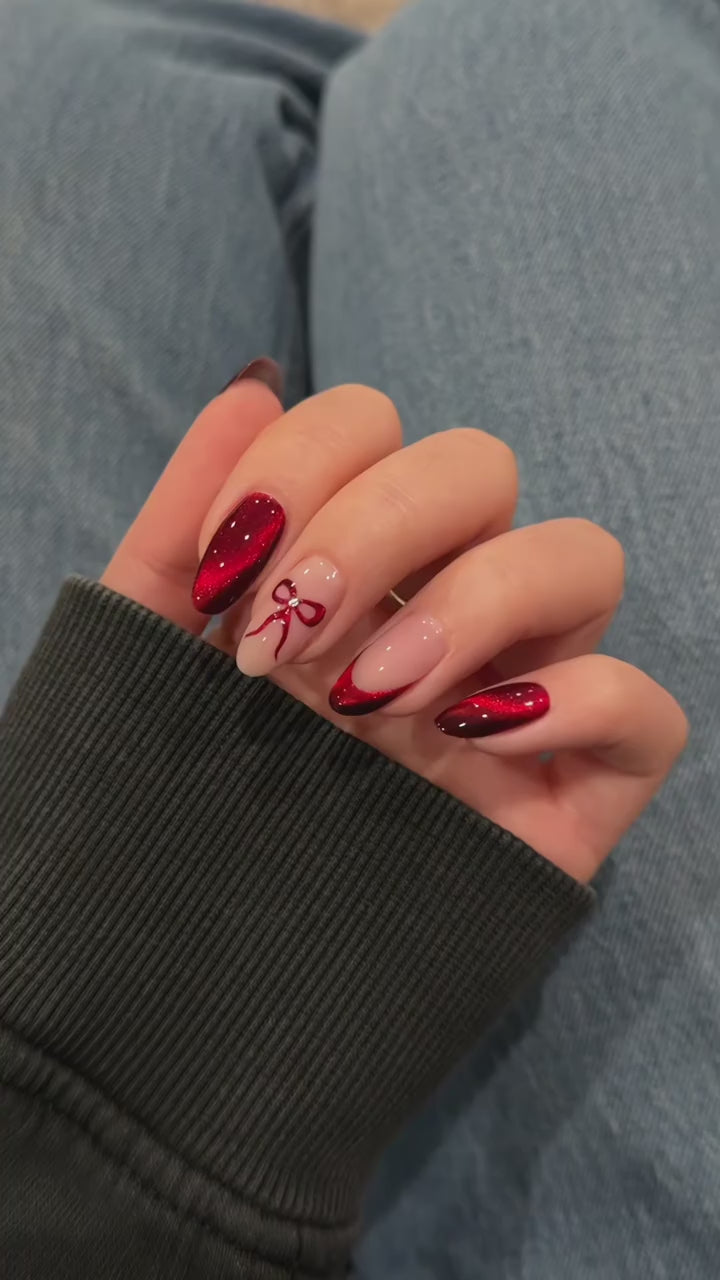 Cateye Nails with Red French Almond Press-ons close up detail | SHANGMENG®