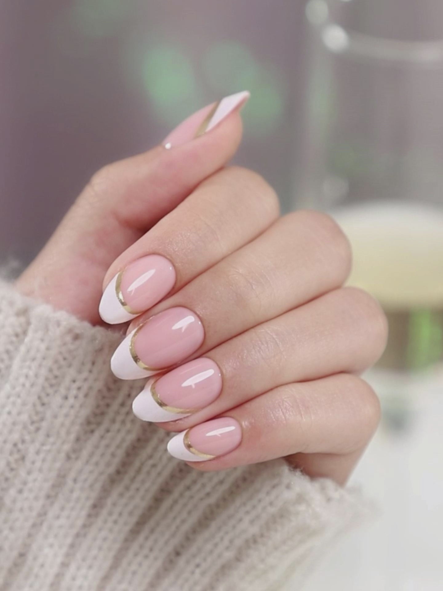 Gold Trim French Almond Nails - Press on Nails salon quality value comparison | SHANGMENG®