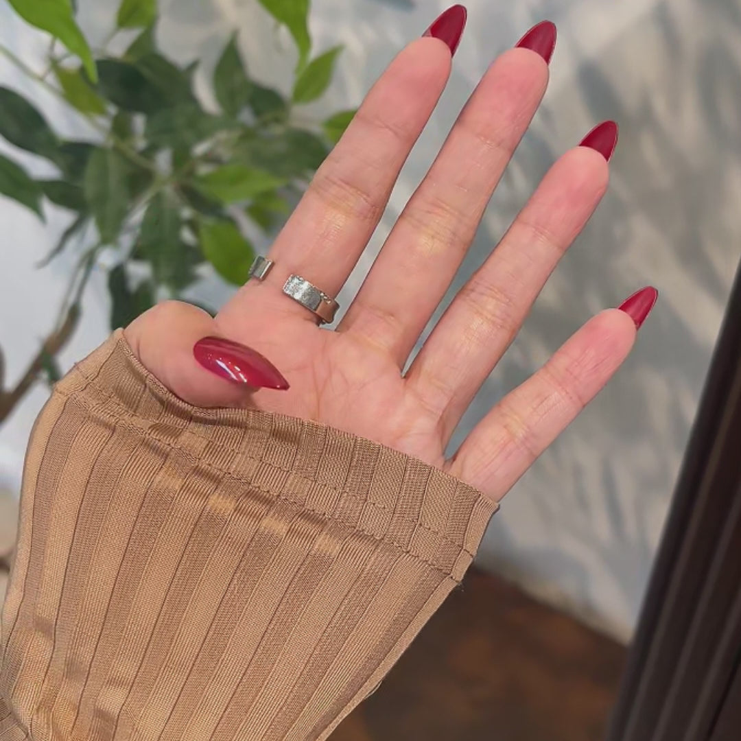 Glossy Red Long Almond Press on Nails single nail closeup finish | SHANGMENG®