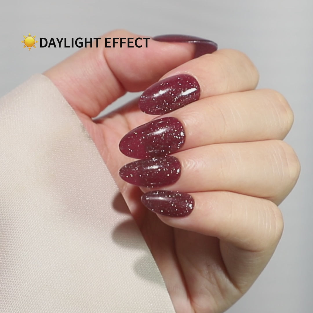 Glitter Wine Red Short Almond Soft Gel Nails UV cure 6-layer soft gel process | SHANGMENG®
