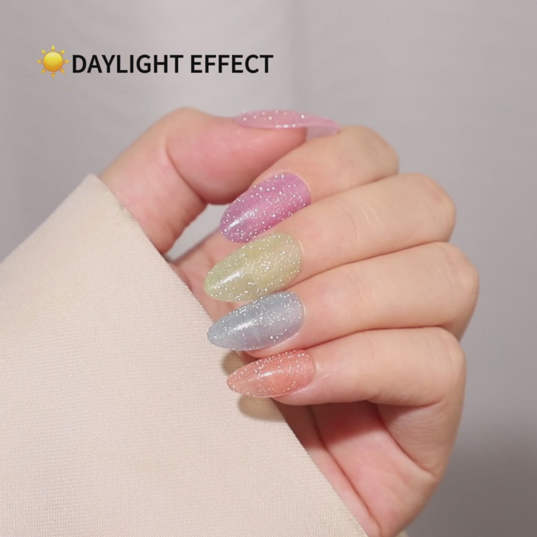 Glitter Rainbow Candy Press on Short Almond Nails single nail closeup finish | SHANGMENG®