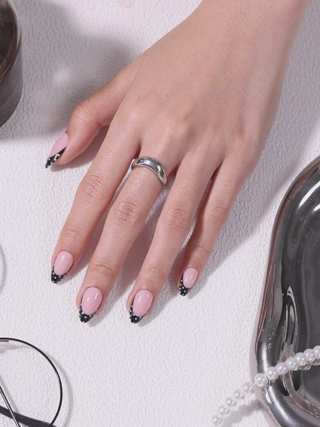 Black Polka Dots French Tips Almond Nails product video | XNFS252(MH-3)
