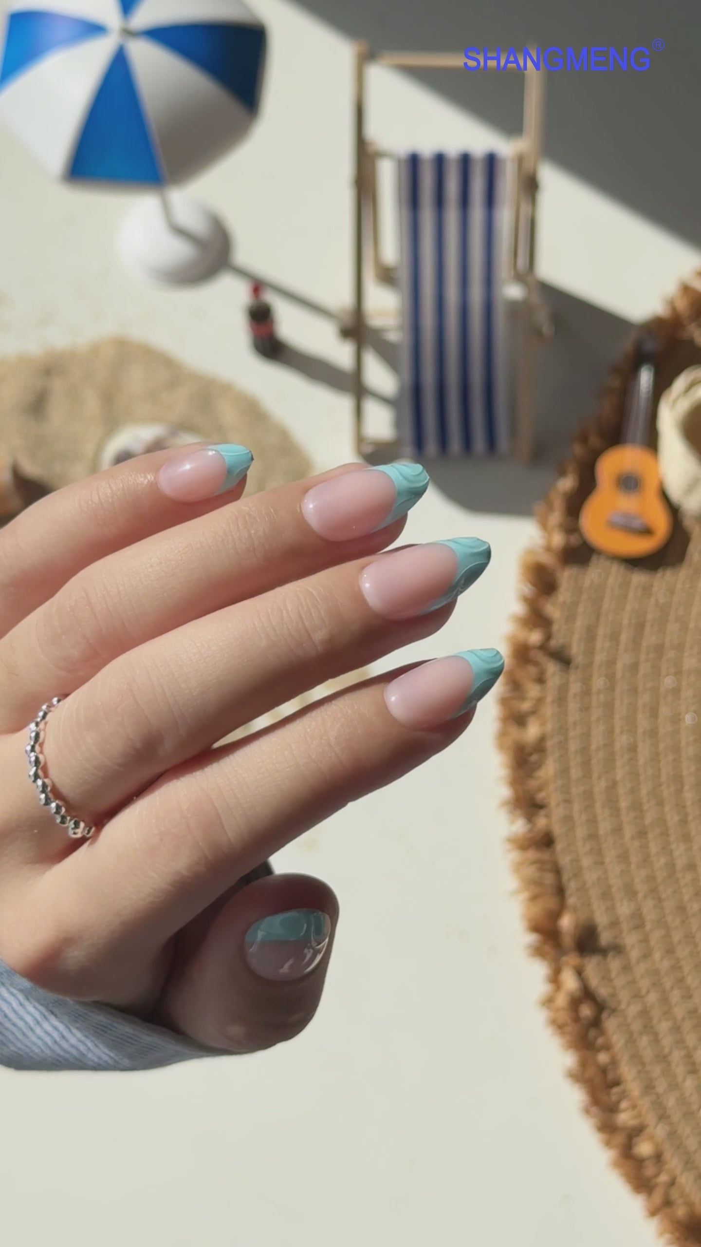 Soft Cyan 3D French Tips Almond Nails close up detail | SHANGMENG®