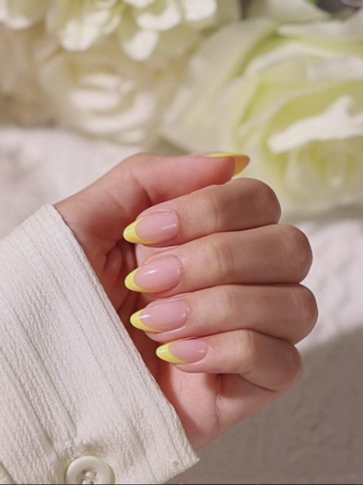Yellow French Tips Fall Almond Nails single nail closeup finish | SHANGMENG®
