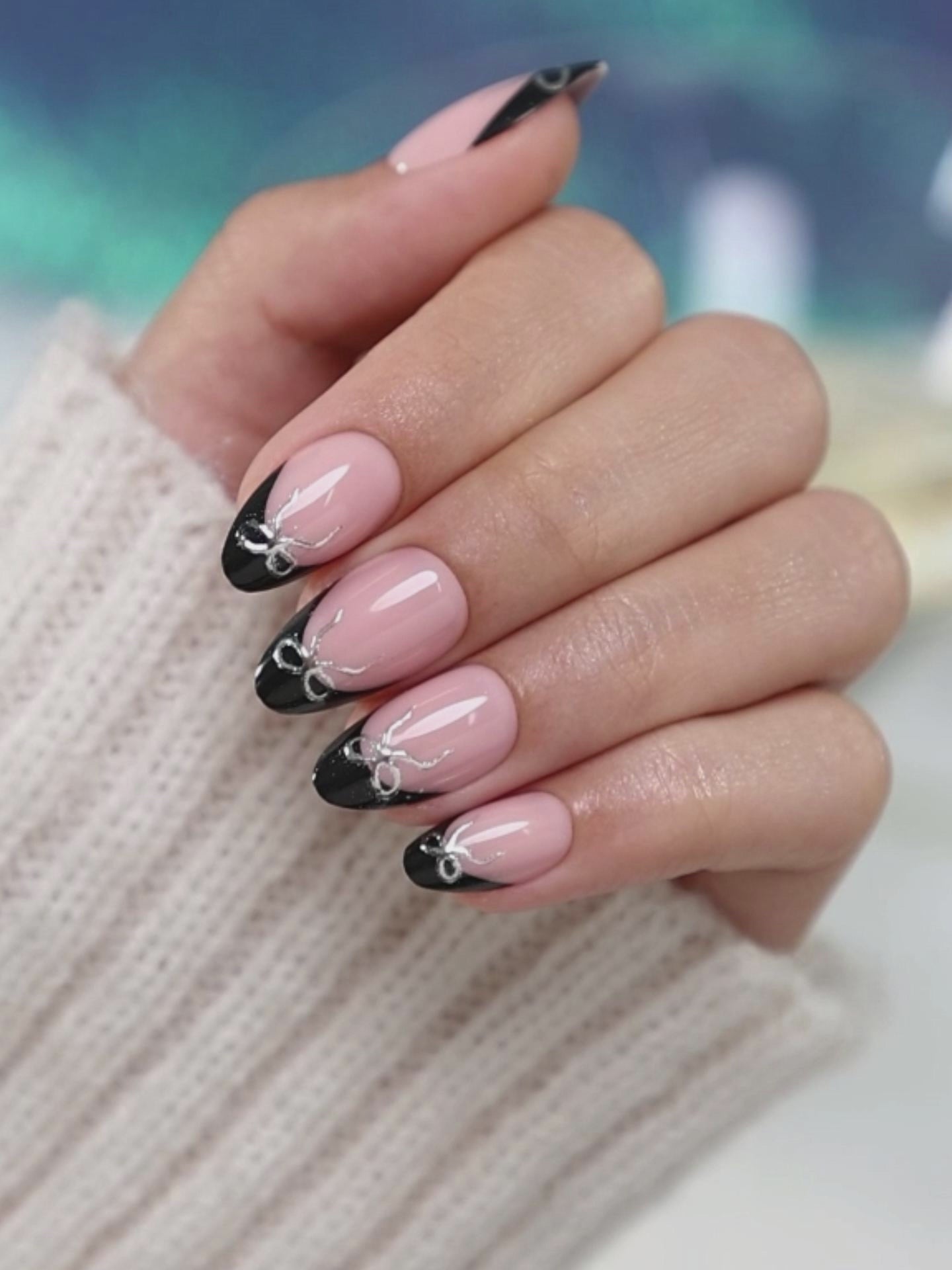 Silver 3D Bow Almond Press-On Nails UV cure 6-layer soft gel process | SHANGMENG®