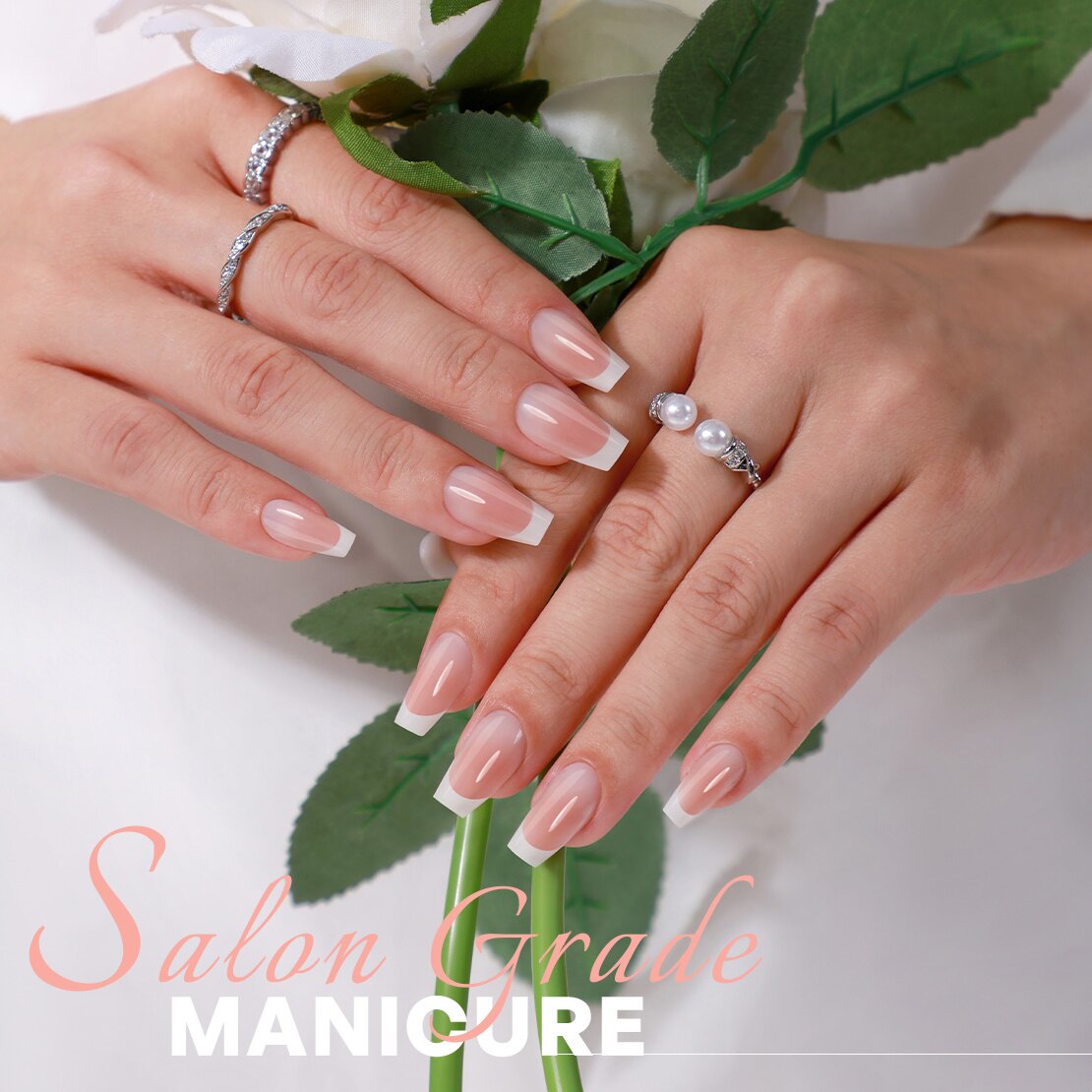 Milky White French Pink Ombre Coffin Nails size chart 16 sizes measurement | SHANGMENG®