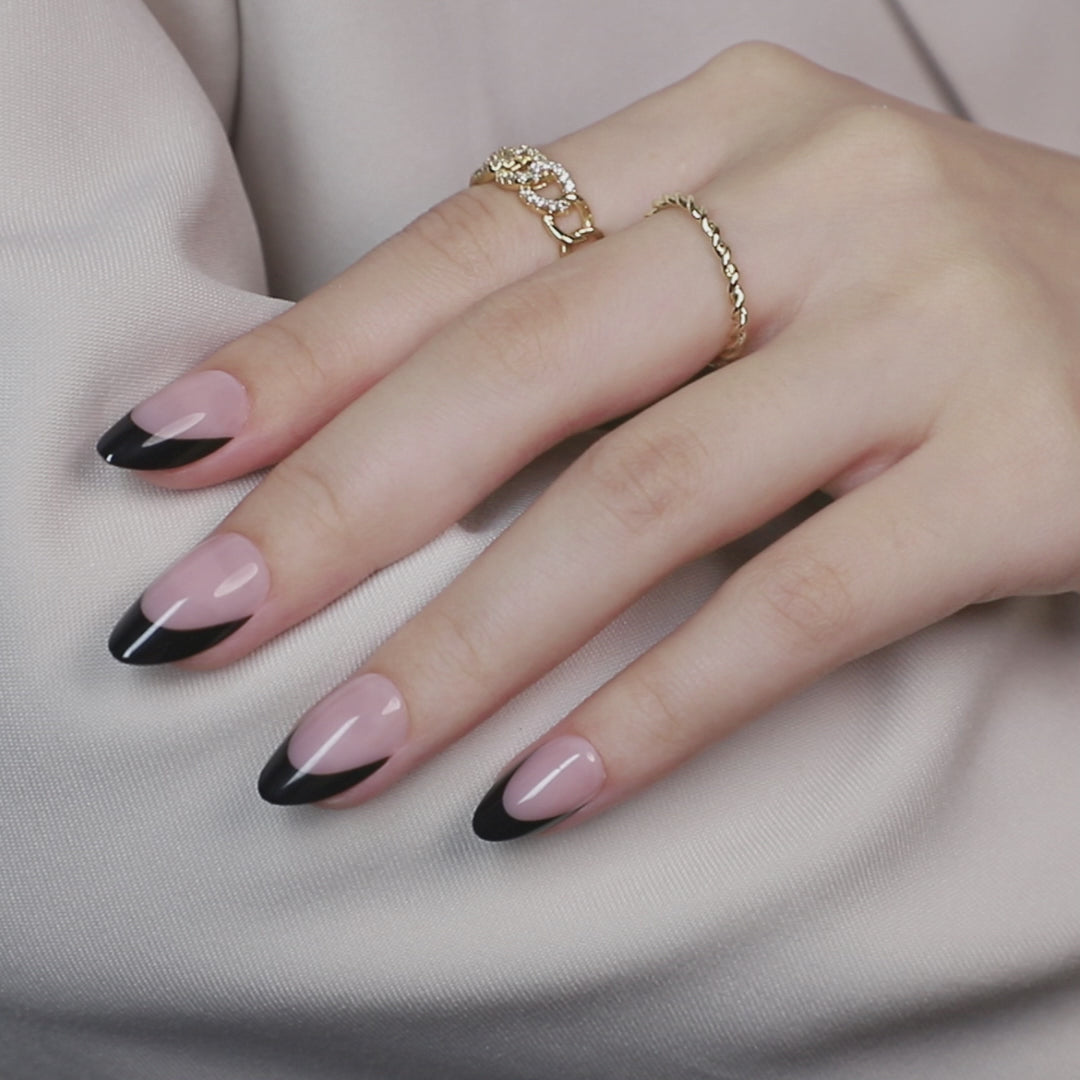 French Black Tips Short Almond Nails salon quality value comparison | SHANGMENG®