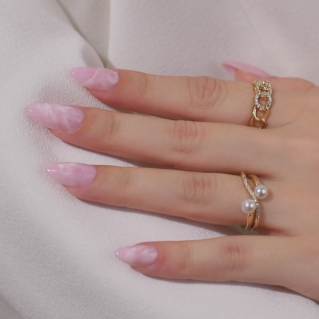 Pink And White Marble Short Almond Nails UV cure 6-layer soft gel process | SHANGMENG®