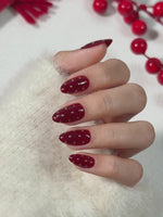 Cherry Dark Red and Gold Polka Dots Short Almond Press on Nails product video | XN3DPH072A(MH-3)