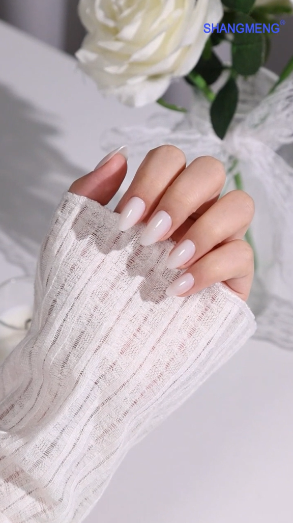 Milky White Short Almond Nails UV cure 6-layer soft gel process | SHANGMENG®