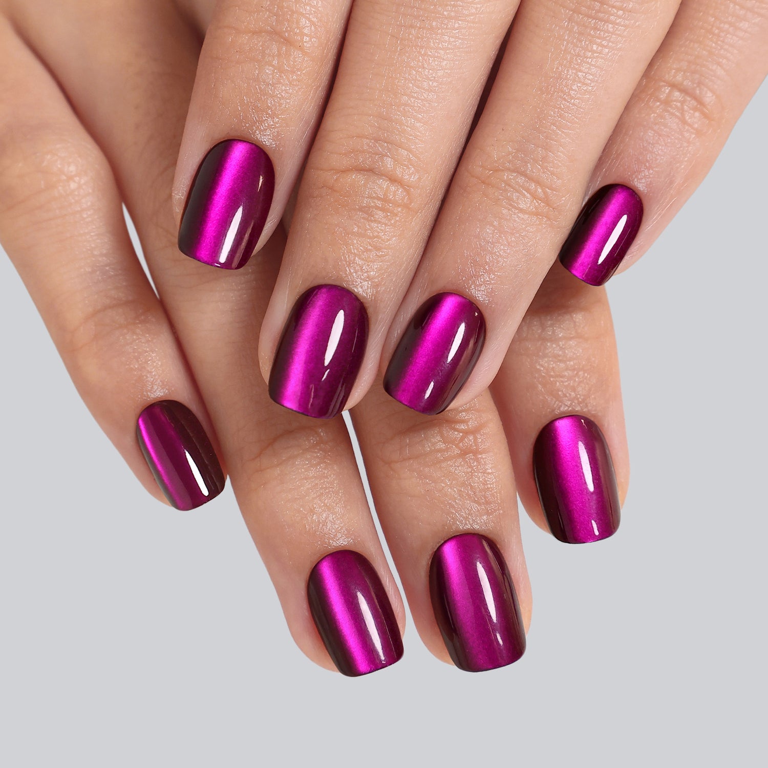 Purple cat eye short square soft gel press-on nails on two hands |  SHANGMENG®®