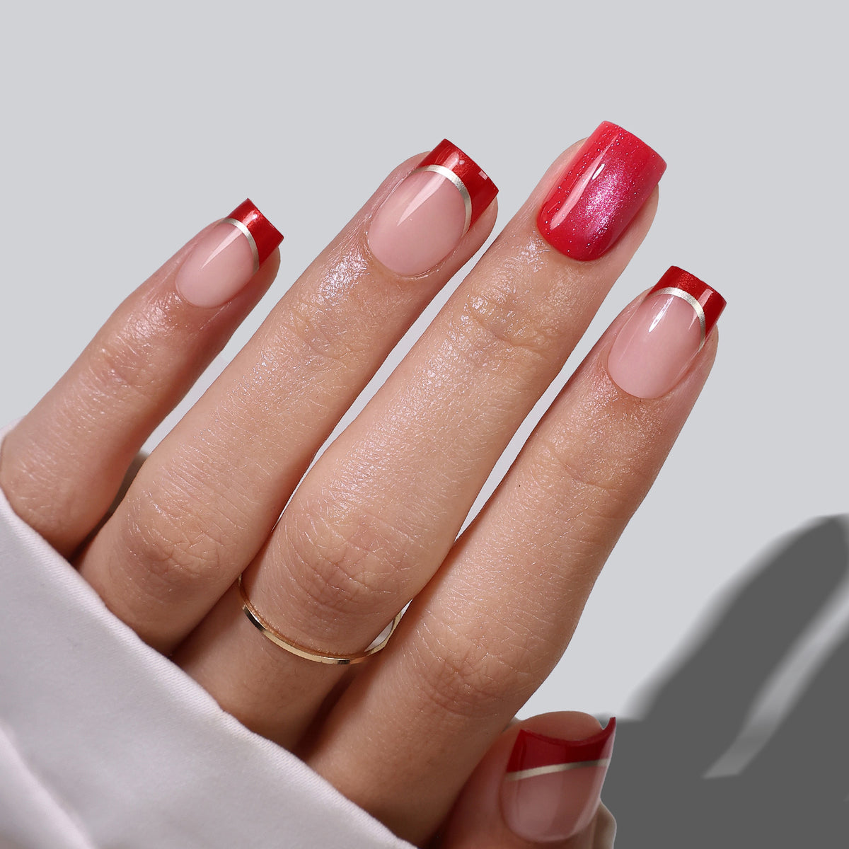 French Tip Cat Eye Gold Short Square Press on Nails product image 6 | SHANGMENG®