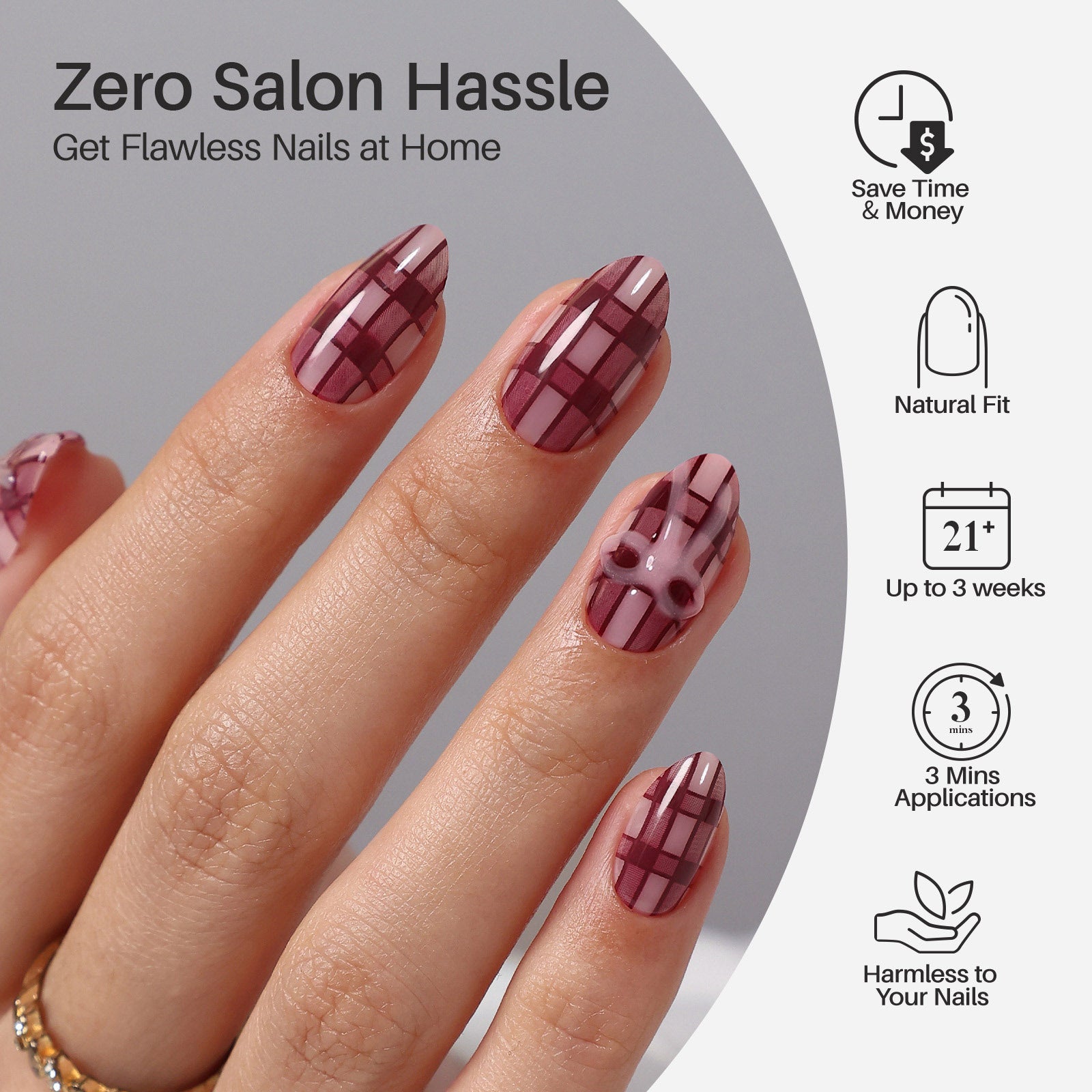 Plaid Bow Deep Red Short Almond Soft Gel Press on Nails product image 2 | SHANGMENG®