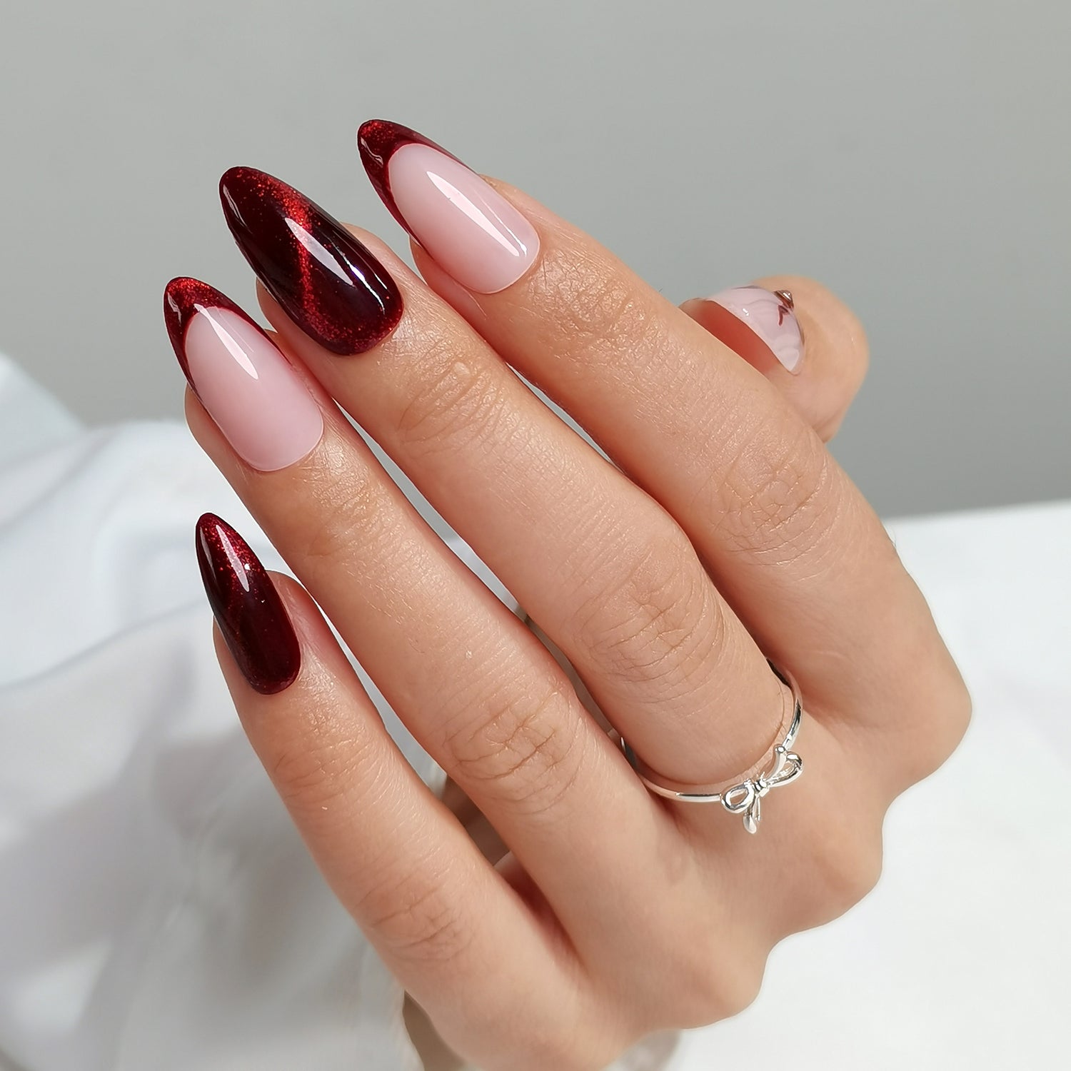 Cateye Nails with Red French Almond Press-ons