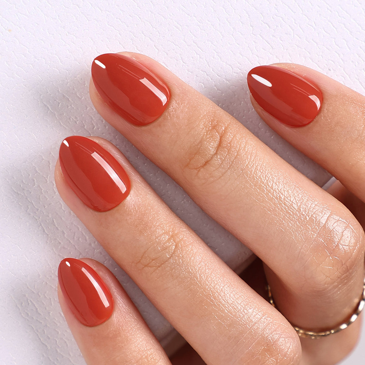 Autumn Ember Brown Gloss — Extra Short Almond finish close up of the reddish brown extra short almond manicure | SHANGMENG®