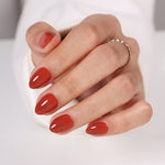 Autumn Ember Brown Gloss — Extra Short Almond front hand detail of the reddish brown extra short almond manicure | SHANGMENG®