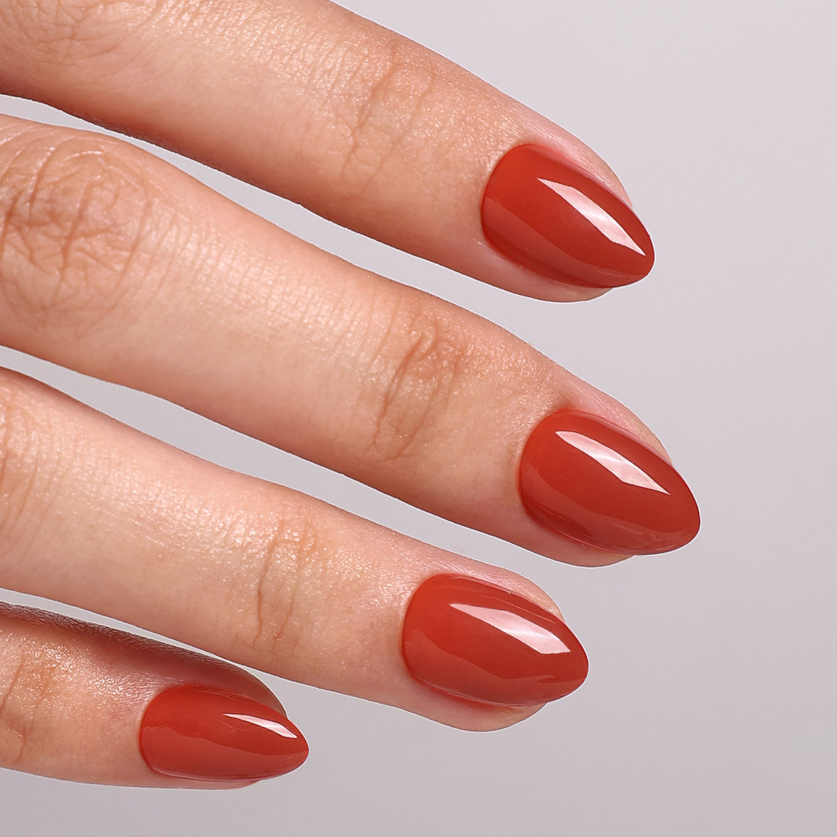 Autumn Ember Brown Gloss — Extra Short Almond closeup detail | SHANGMENG®