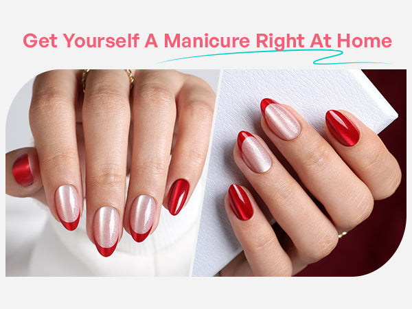 Rouge Pink Red Cat Eye French — Short Almond detail image 2