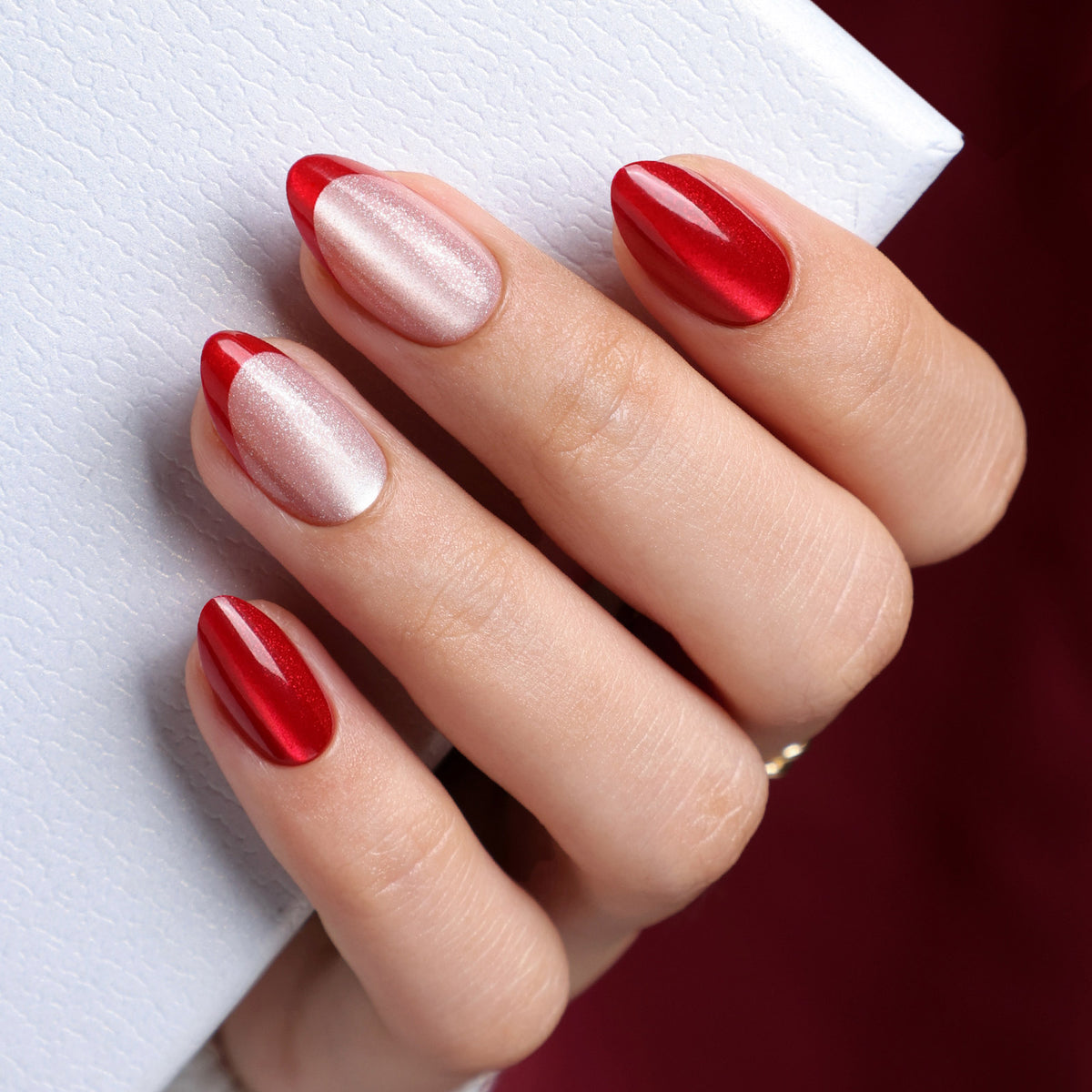Rouge Pink Red Cat Eye French Short Almond front hand view | SHANGMENG