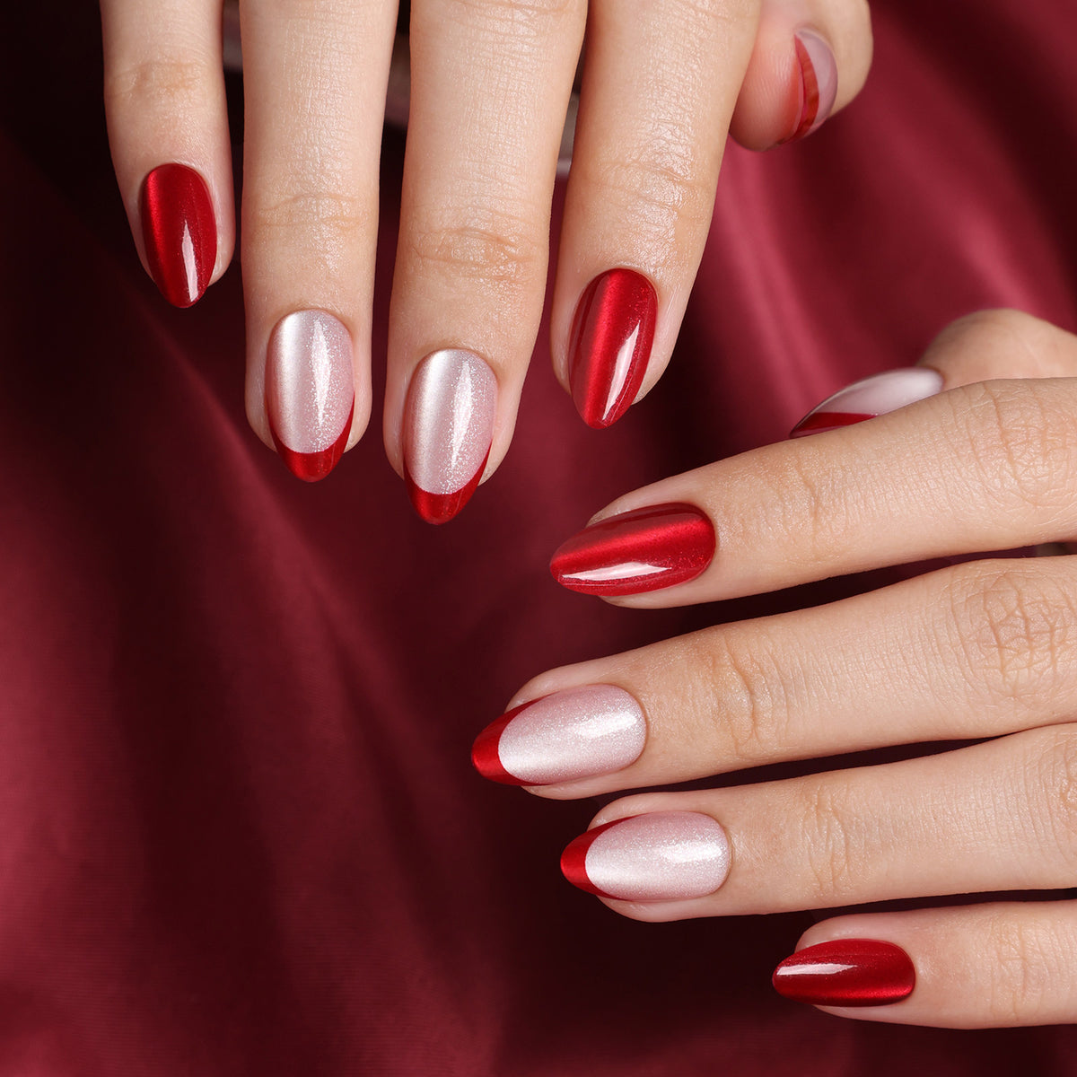 Rouge Pink Red Cat Eye French Short Almond angled hand view | SHANGMENG